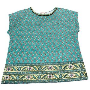 Sundance Turquoise Paisley Floral Boho Sleeveless Embellished Neck Shirt Women L